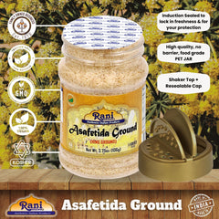 Rani Hing ground jar front showcases natural, salt-free, vegan quality