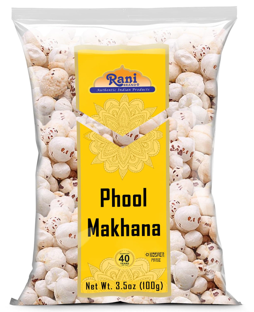 Rani Jumbo Phool Makhana raw bag showing natural, protein-rich fox nuts for snacking