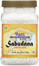 Rani Sabudana pearls in a bulk 48oz jar ideal for easy pantry storage and versatile cooking.