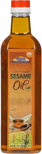 Rani Sesame Oil 1L bottle pour highlights pure, natural oil ideal for cooking.