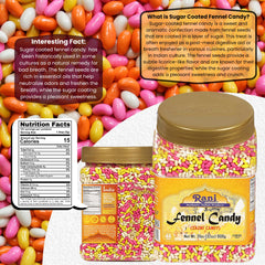 Rani sugar coated fennel candy jar label showing vegan and NON-GMO claims