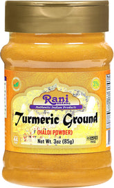 Rani Turmeric powder jar front showing authentic spice for vibrant curries.