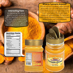 Rani Turmeric powder jar label close-up highlighting purity and high curcumin.