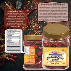 Rani Kashmiri Chilli Whole back label highlights kosher and vegan attributes.