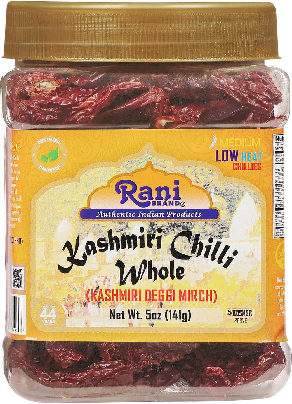 Rani Kashmiri Chilli Whole jar front view shows vibrant color for curries.