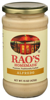Rao's Homemade Alfredo Sauce jar front, creamy texture ready for pasta