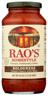 Raos Homemade Bolognese Sauce jar close-up shows premium tomatoes for rich flavor