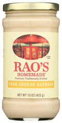 Rao's Homemade Four Cheese Alfredo Sauce jar close-up highlighting premium ingredients for creamy pasta.