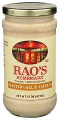 Rao's Homemade Roasted Garlic Alfredo Sauce jar front, creamy Alfredo ready for pasta nights