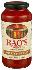 Rao's Homemade Roasted Garlic Tomato Sauce bottle pour highlights premium, all-natural ingredients for quick weeknight meals.