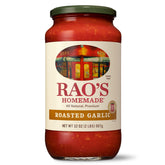 Rao's Homemade Roasted Garlic Tomato Sauce jar front for authentic Italian flavor in meals.
