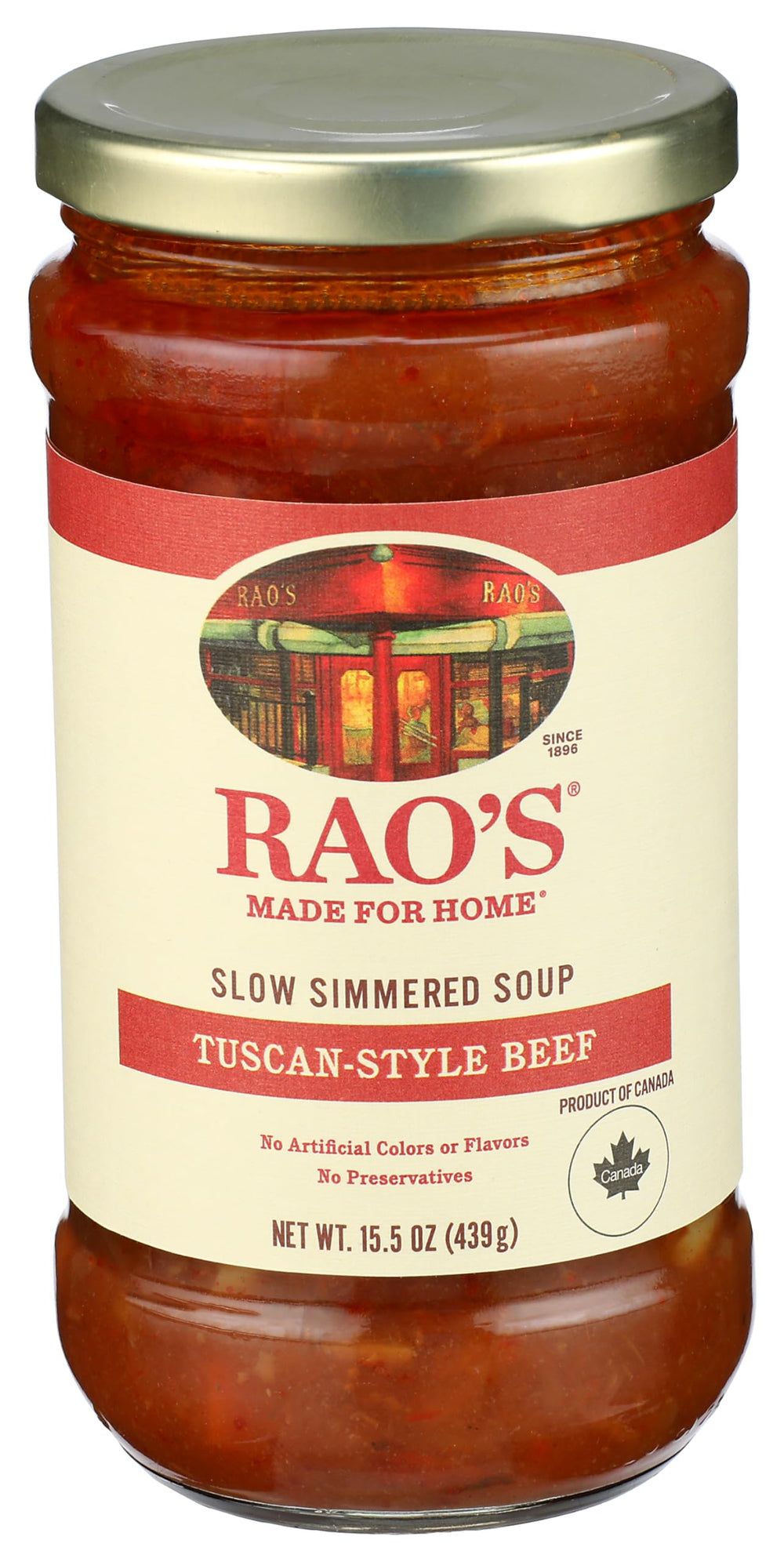 Rao's Homemade Tuscan Beef Soup jar with rich broth ready for a comforting meal