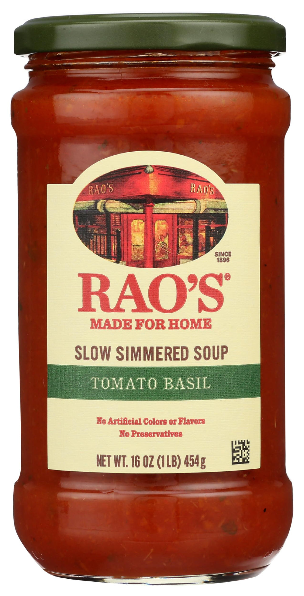 Rao's Made for Home Tomato Basil Soup jar shows premium ingredients and easy heat-and-serve convenience