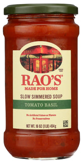 Rao's Made for Home Tomato Basil Soup jar shows premium ingredients and easy heat-and-serve convenience