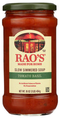 Rao's Made for Home Tomato Basil Soup jar shows premium ingredients and easy heat-and-serve convenience