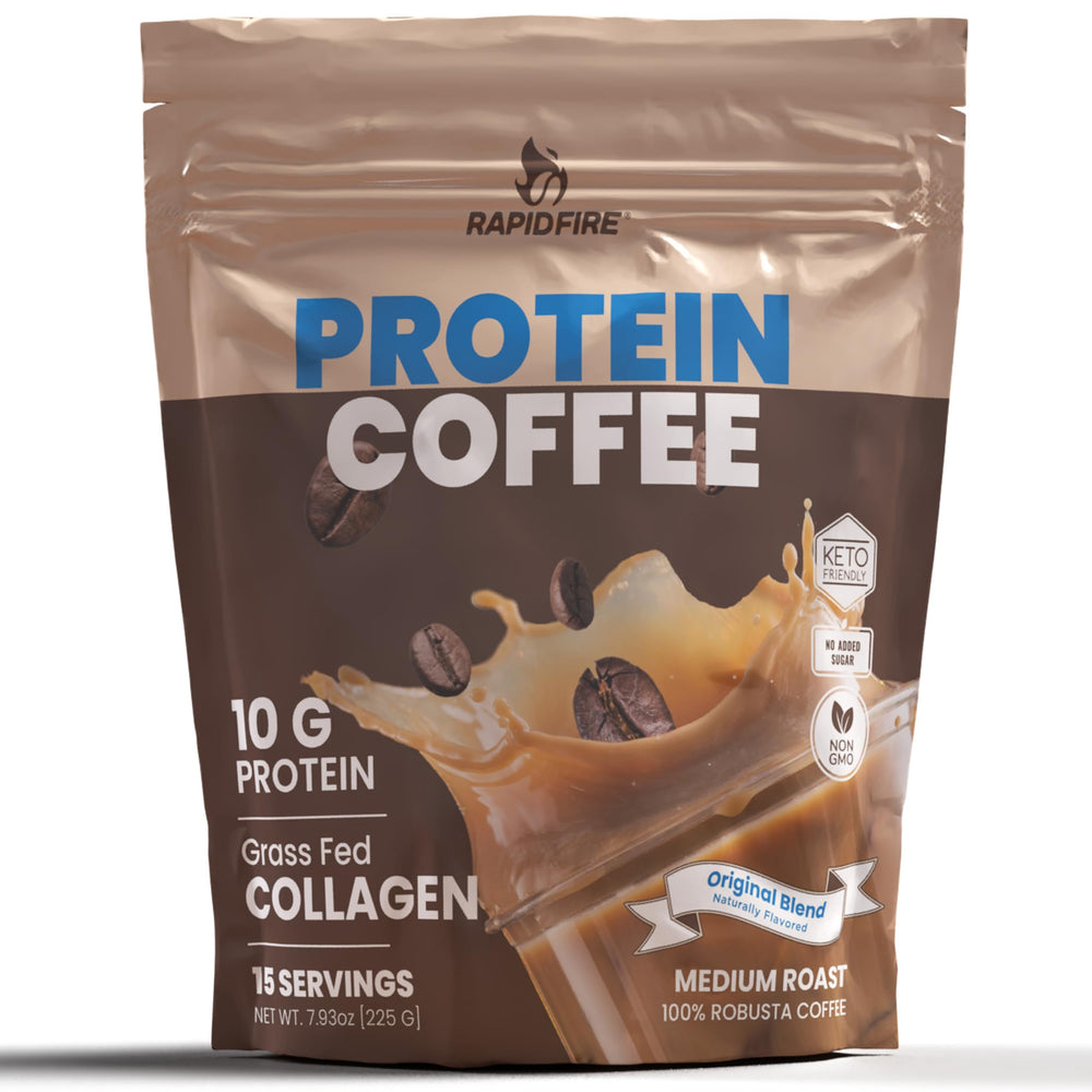 Rapid Fire Protein Coffee mug with steaming brew for sustained energy.