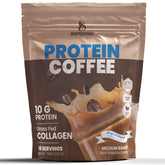 Rapid Fire Protein Coffee mug with steaming brew for sustained energy.