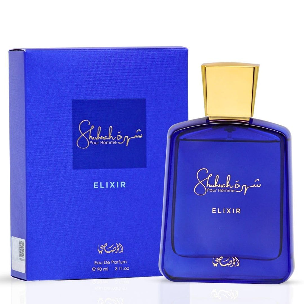 RASASI Shuhrah Elixir Pour Homme bottle front showing bold masculine design