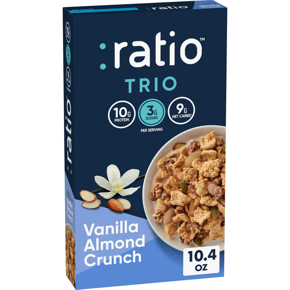 Ratio Trio Vanilla Almond Crunch cereal box shown for keto-friendly breakfast option.