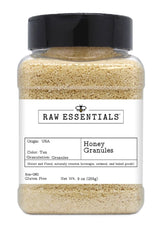 Raw Essentials Honey Granules in a jar front view, convenient pantry sweetness