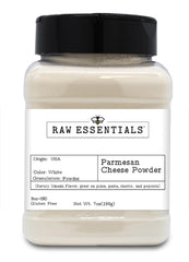 Raw Essentials Parmesan Cheese Powder bottle pouring for quick, savory flavor boost
