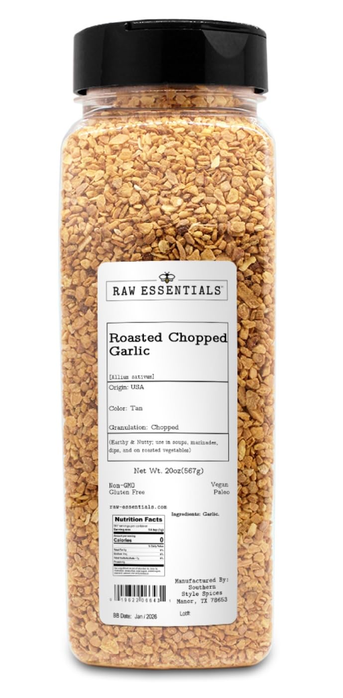 Raw Essentials roasted garlic bottle front adds earthy warmth to soups and marinades.