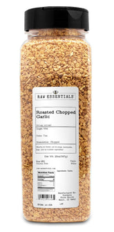 Raw Essentials roasted garlic bottle front adds earthy warmth to soups and marinades.