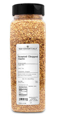 Raw Essentials roasted garlic bottle front adds earthy warmth to soups and marinades.