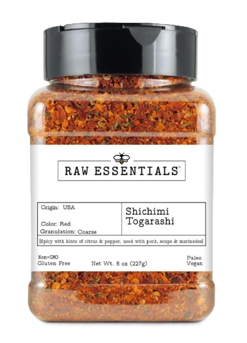 Raw Essentials Shichimi Togarashi spice bottle enhances ramen with citrusy pepper warmth