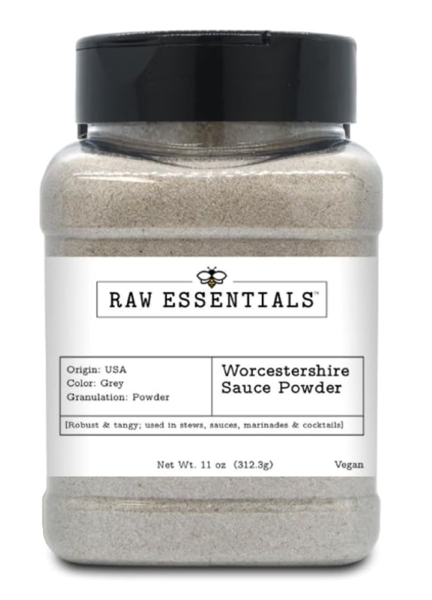 Raw Essentials Worcestershire Powder bottle close-up showing bold tangy flavor for stews and sauces.