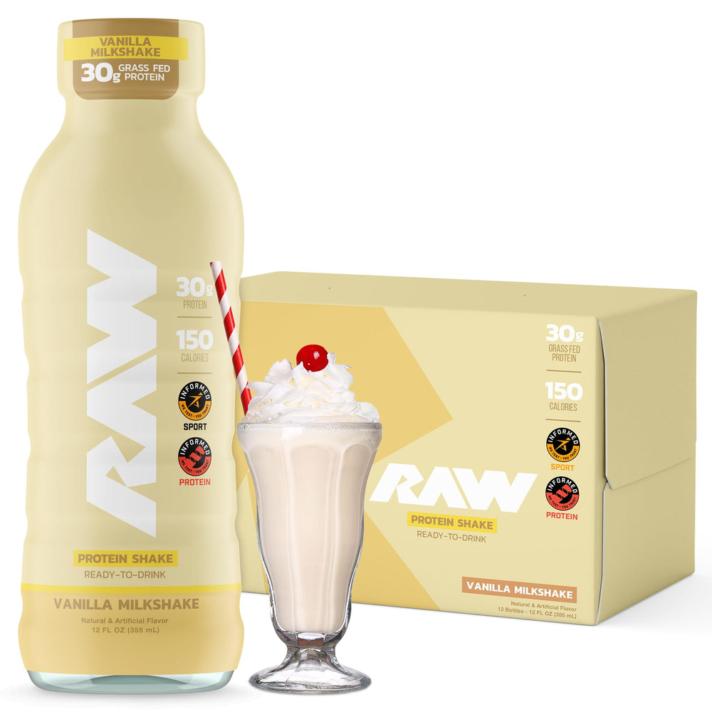 RAW Ready-to-Drink Vanilla bottle shows 30 g of protein to support post-workout recovery and fuel.