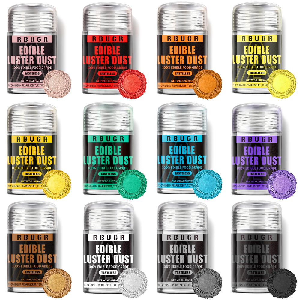 RBUGR luster dust 12 colors bottles for vibrant cake and dessert decorating.