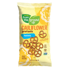 Real Food From the Ground Up cauliflower pretzel twists, bag front, ready for a quick, savory snack.