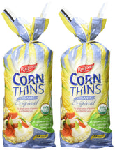 Real Foods Original Corn Thins pack on a shelf, gluten-free and convenient.