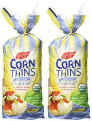 Real Foods Original Corn Thins pack on a shelf, gluten-free and convenient.