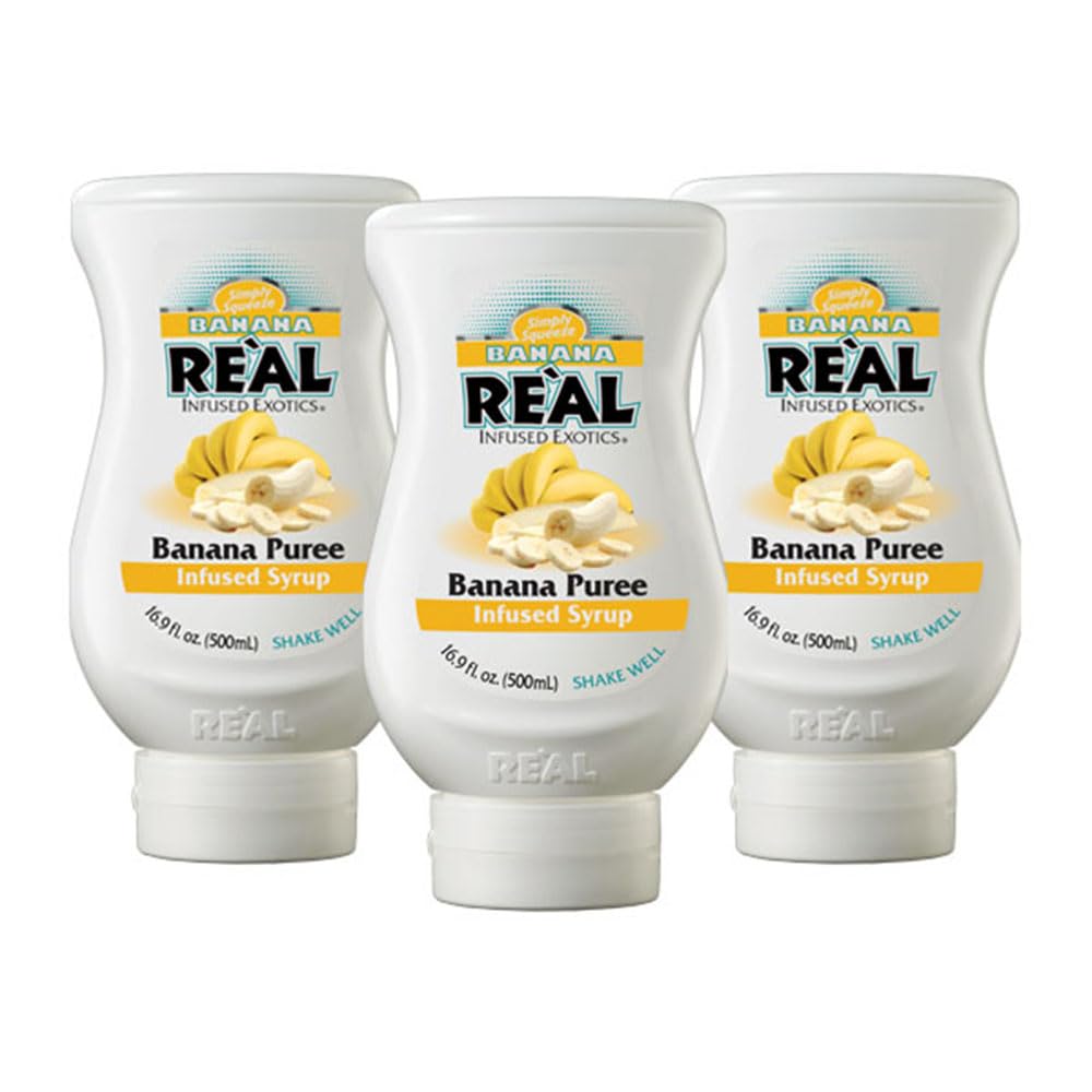 Real Infused Exotics banana puree syrup bottle pour showcases rich banana flavor for cocktails
