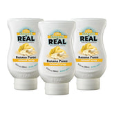 Real Infused Exotics banana puree syrup bottle pour showcases rich banana flavor for cocktails