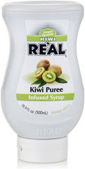 Reàl Infused Exotics Kiwi bottle pour into a glass highlighting versatile use in sodas, desserts, and mocktails.