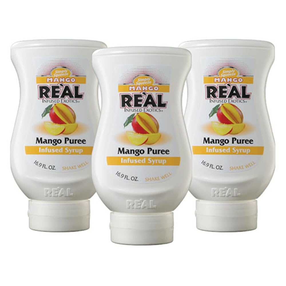 Reàl Infused Exotics Mango Purée Infused Syrup pack 3 front, convenient squeezable bottle for drinks