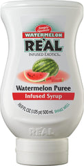 Reàl Infused Exotics Watermelon Puree Syrup bottle for refreshing summer cocktails.