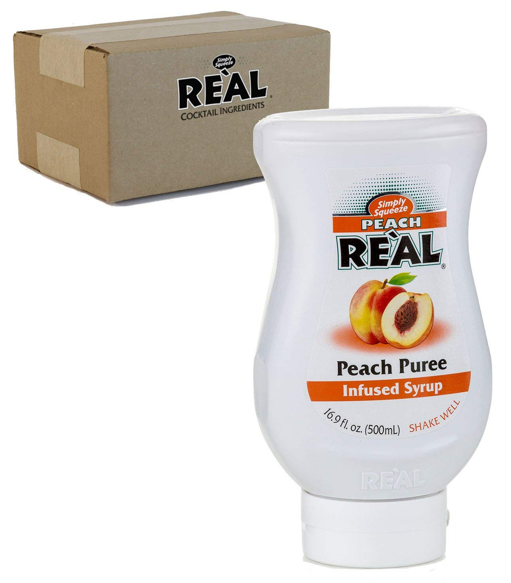 Real Peach Infused Syrup bottle showcasing peach aroma for beverages and desserts.