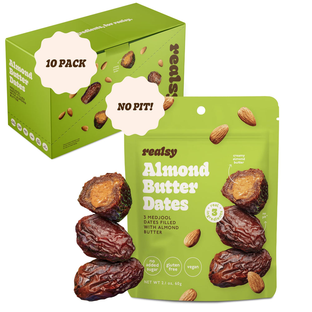 Realsy almond butter dates on-the-go pack; convenient resealable snack for busy days.