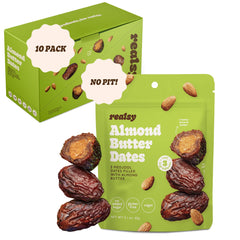 Realsy almond butter dates on-the-go pack; convenient resealable snack for busy days.
