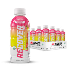 RECOVER 180 strawberry banana bottle front for on-the-go hydration