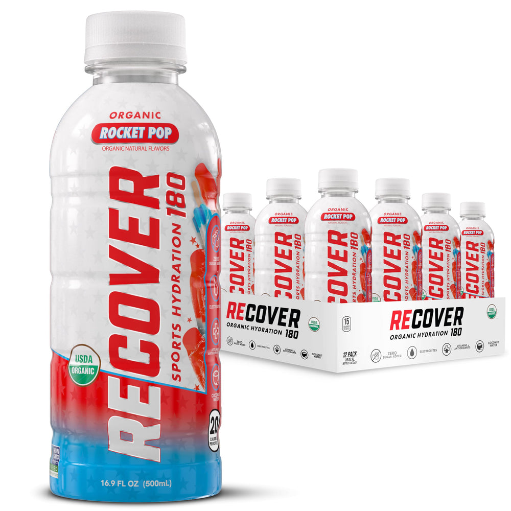 RECOVER 180 Rocket Pop bottle pour highlights refreshing organic hydration for workouts