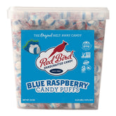 Red Bird blue raspberry candy tub showcases vibrant color, ideal for party favors.
