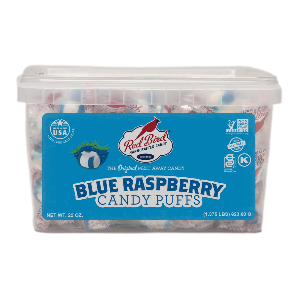 Red Bird Blue Raspberry Candy tub, ideal for sharing at gatherings.