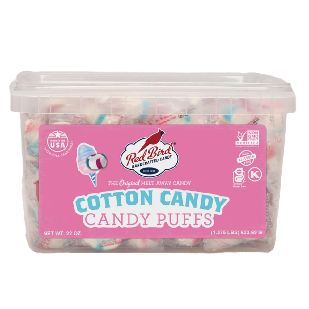 Red Bird Cotton Candy Puffs tub front view, shareable treat for any gathering.