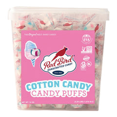 Red Bird cotton candy puffs tub, striped pink blue white, for shareable treats