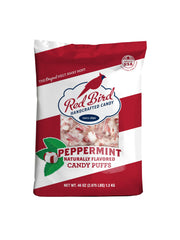 Red Bird soft peppermint candy bag showcasing individually wrapped puffs, ideal for sharing at work